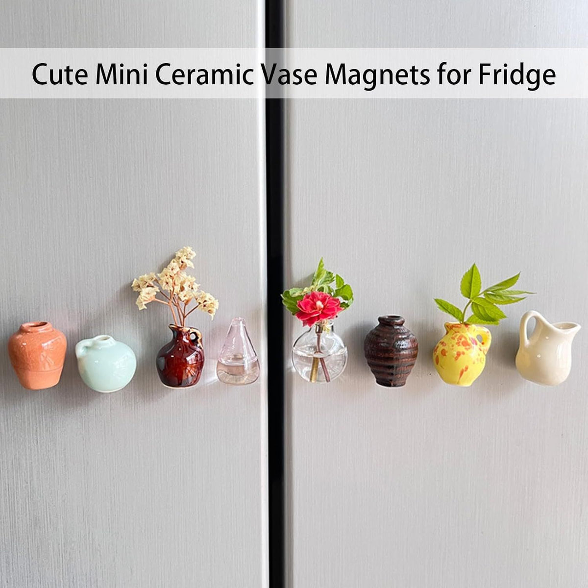 Set of 8 mini ceramic vase fridge magnets featuring tiny 3D plant designs, perfect for refrigerator and kitchen decor.