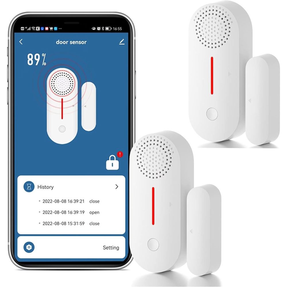 Wireless WiFi smart door sensor by Everything Baby, mini contact alarm for home security, compatible with Alexa and Google Assistant.