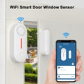 Wireless WiFi smart door sensor with alarm, compatible with Alexa and Google Assistant, for home security, shown in a safety gate setup.