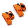 Orange dual-chamber emergency whistles with lanyards, made of PP material, suitable for camping, hiking, and outdoor safety.