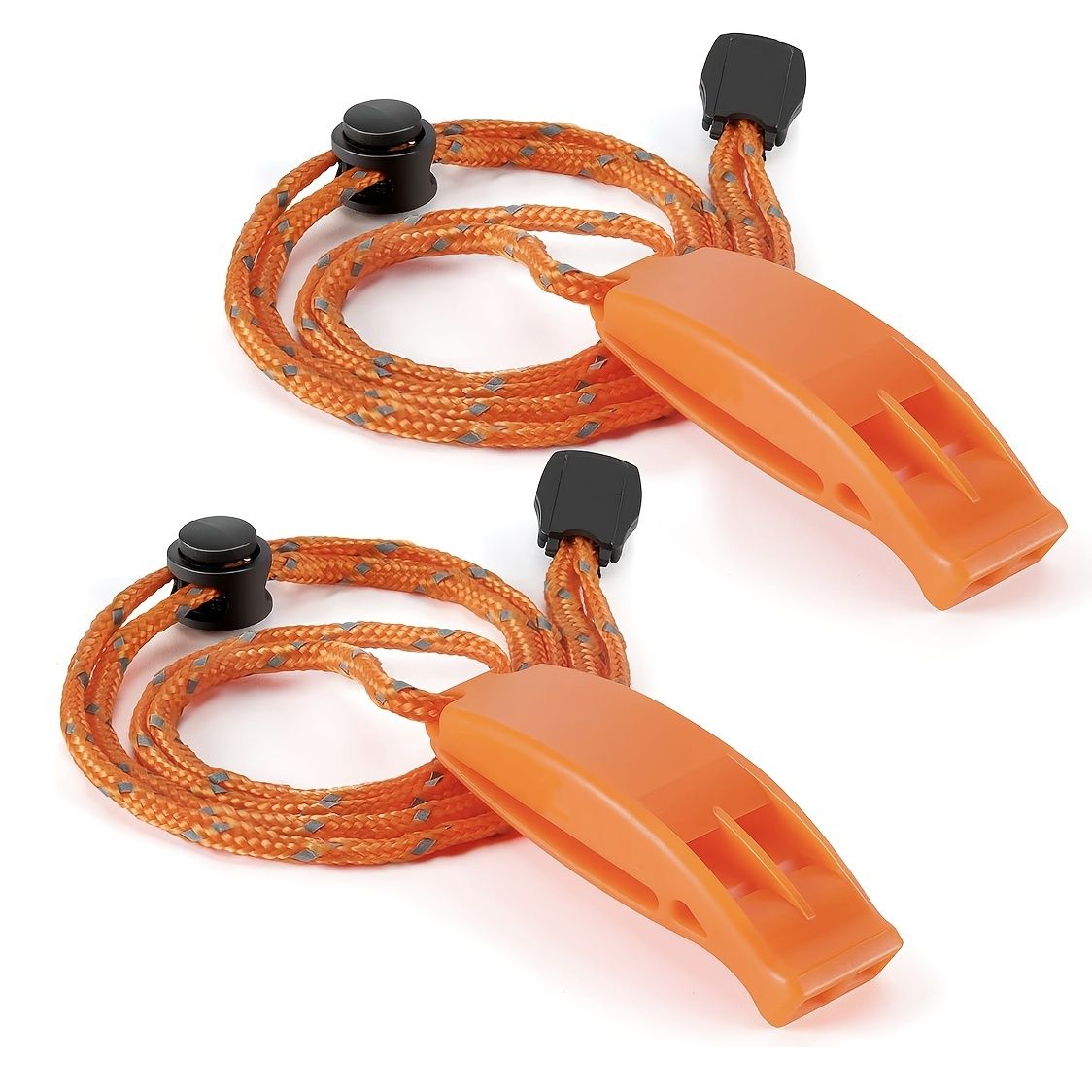 Orange dual-chamber emergency whistle with lanyard, made of PP material, for camping, hiking, and outdoor safety signaling.