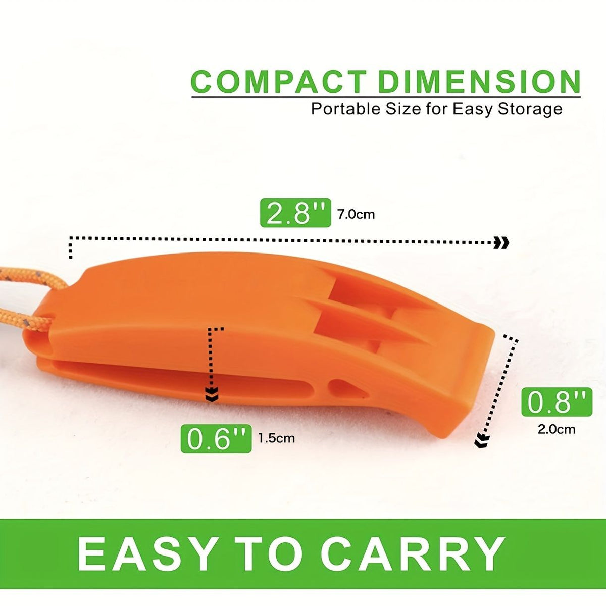 Orange dual-chamber emergency whistle with lanyard for camping, hiking, and outdoor safety signaling, suitable for kids and adults.