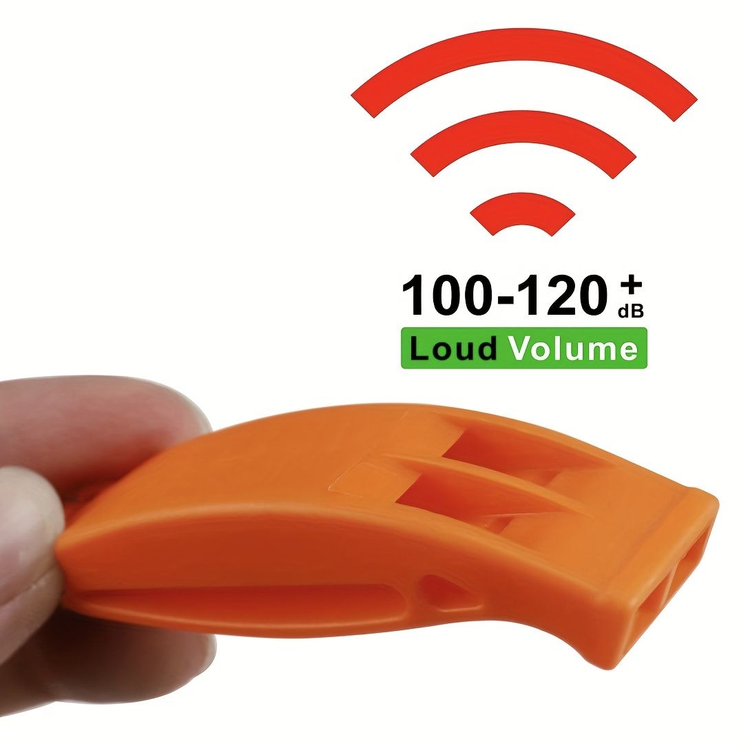 Orange dual-chamber emergency whistles with lanyards for safety, camping, hiking, and rescue signaling, suitable for outdoor activities.