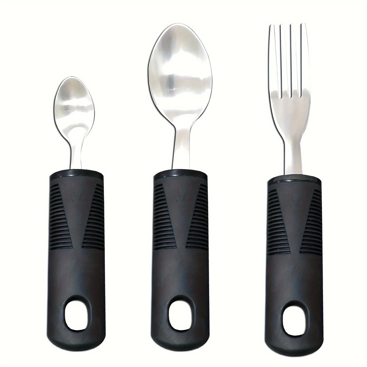 Three-piece stainless steel adaptive baby feeding set with rubber grip handles, including fork and spoon for disabled or rehabilitation use.