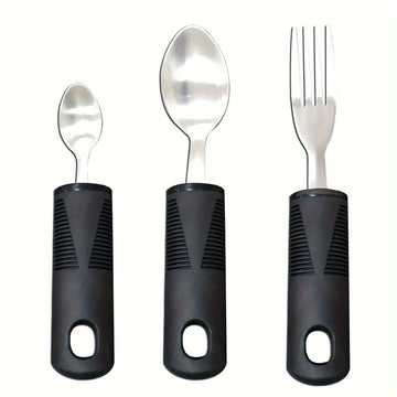 Three-piece stainless steel adaptive baby feeding set with rubber grip handles, including fork and spoon for disabled or rehabilitation use.