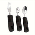 Three-piece stainless steel adaptive baby feeding set with rubber grip handles, including fork and spoon for disabled or rehabilitation use