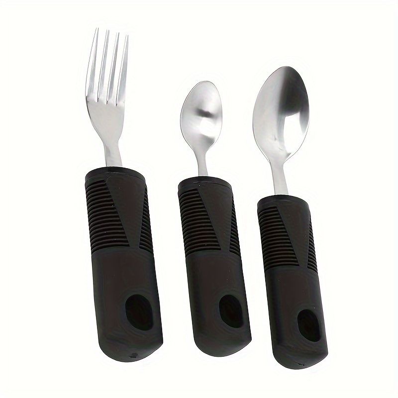Three-piece stainless steel adaptive baby feeding set with rubber grip handles, including fork and spoon for disabled or rehabilitation use