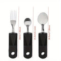 Three-piece stainless steel adaptive baby feeding set with rubber grip handles, includes fork and spoon for disabled and rehabilitation use
