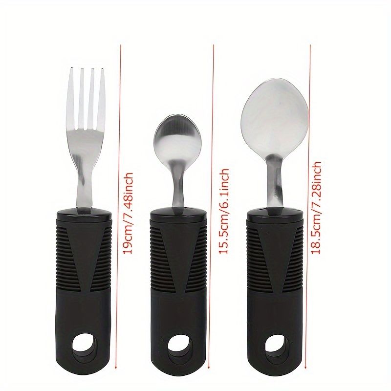 Three-piece stainless steel adaptive baby feeding set with rubber grip handles, includes fork and spoon for disabled and rehabilitation use