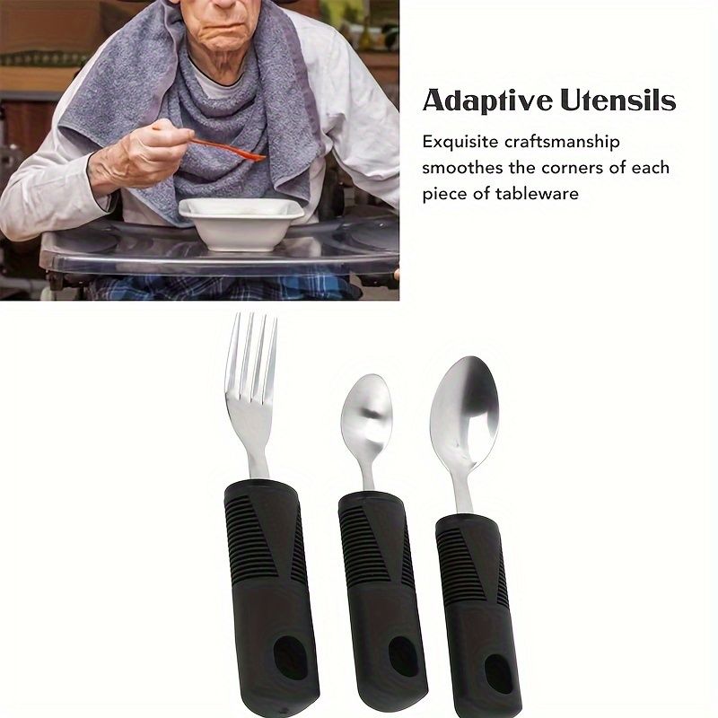 Three-piece stainless steel adaptive baby feeding set with rubber grip handles, including fork and spoon for disabled or rehabilitation use