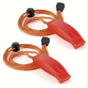 Red dual-chamber emergency whistle with lanyard by Everything Baby, ideal for camping, hiking, and outdoor safety signaling.