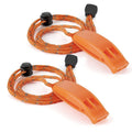 Red dual-chamber emergency whistle with lanyard, made of PP material, ideal for camping, hiking, and outdoor survival activities.