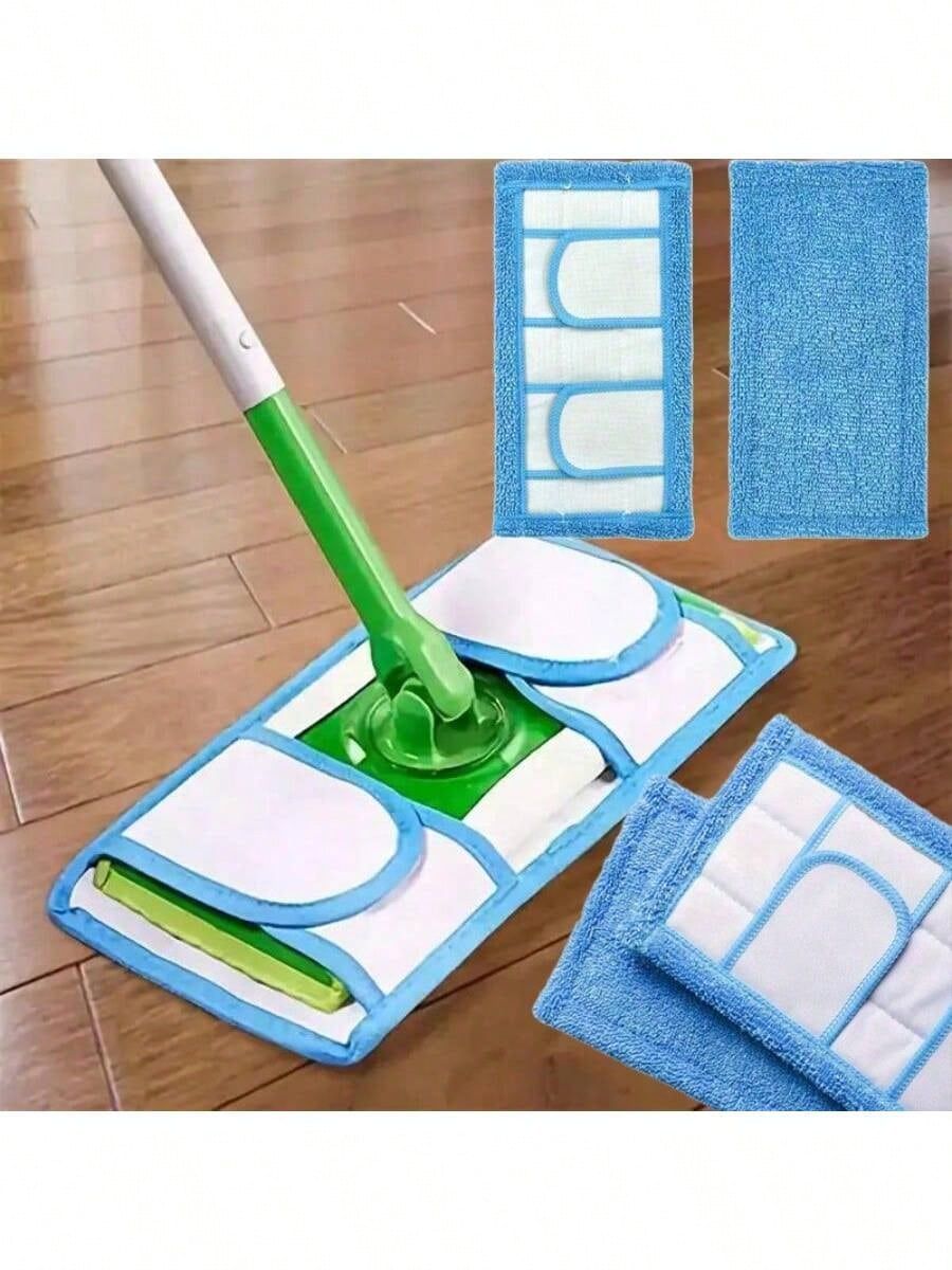 Two washable microfiber flat mop replacement heads for high absorption cleaning, compatible with most flat mop tools.