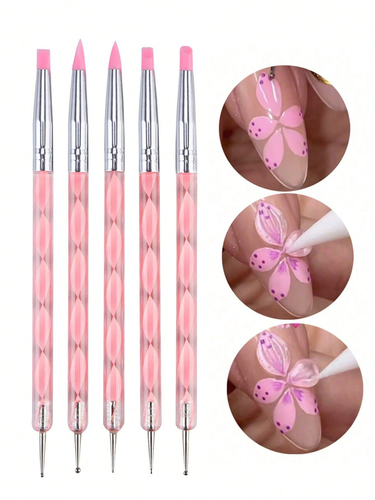 Pink acrylic nail art silicone brushes set with dual-head tools for carving, painting, and dotting for manicures and DIY nail designs.