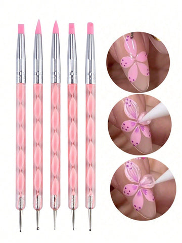 Pink acrylic nail art silicone brushes set with dual-head tools for carving, painting, and dotting for manicures and DIY nail designs.