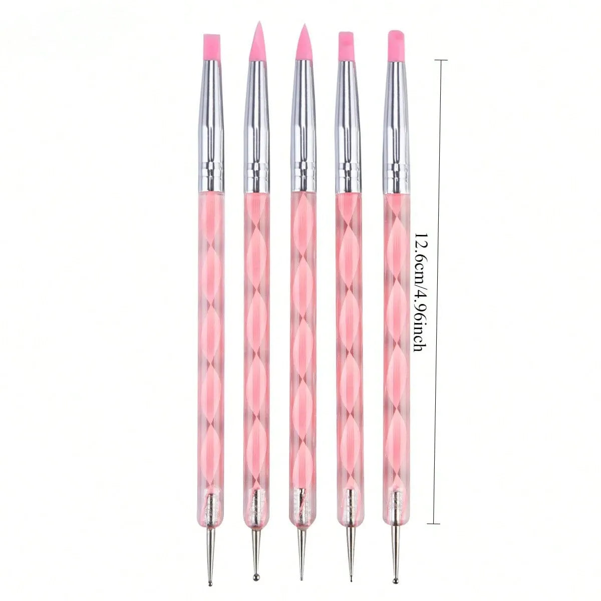 Pink acrylic nail art silicone brushes set with dual-head tips for carving, painting, and sculpting nail designs, ideal for DIY manicures.
