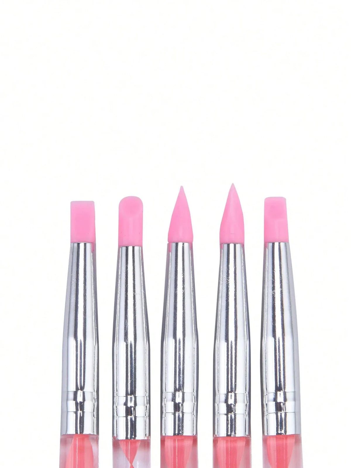 Pink acrylic nail art silicone brushes with dual heads for UV gel, carving, painting, and sculpting in manicures and nail designs.