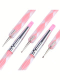 Pink acrylic nail art silicone brushes with dual heads for carving, painting, and sculpting nail designs, ideal for UV gel and DIY manicure.