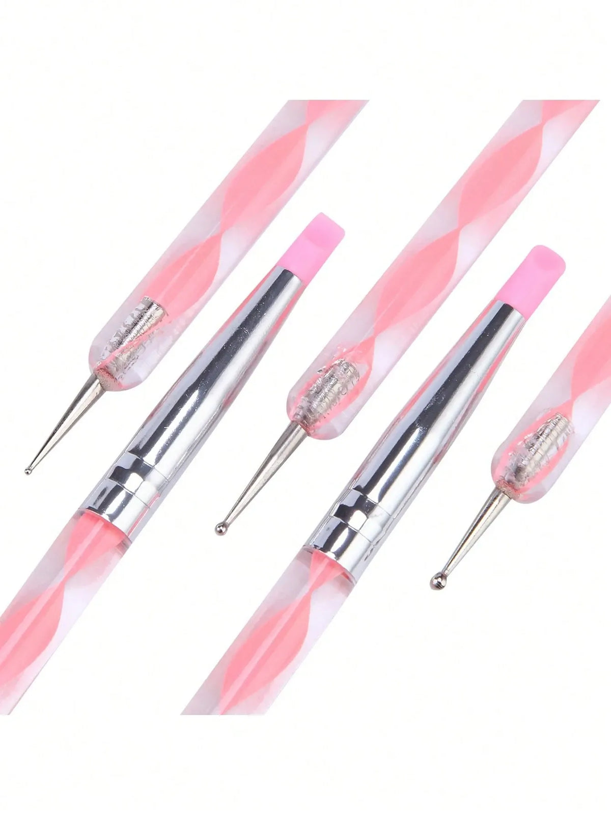 Pink acrylic nail art silicone brushes with dual heads for carving, painting, and sculpting nail designs, ideal for UV gel and DIY manicure.