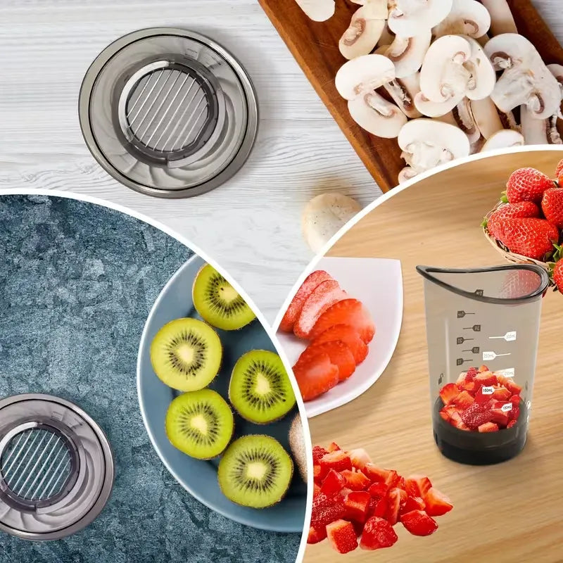 Fruits Slicer Cup by Everything Baby with removable blade, showing sliced strawberries, bananas, cucumbers, eggs, and onions.