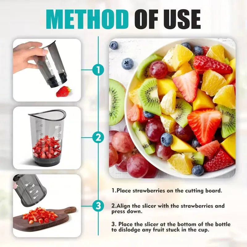 Everything Baby fruit slicer cup with removable blade for quick, safe slicing of strawberries, bananas, cucumbers, eggs, and onions.