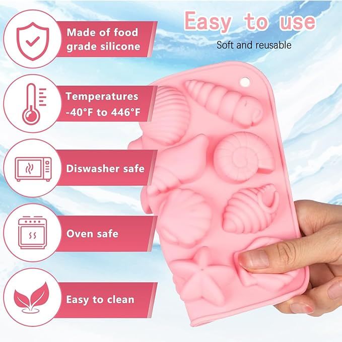 Ocean-themed seashell silicone molds for chocolate, candy, and fondant cake decorating, ideal for DIY desserts and baking projects.