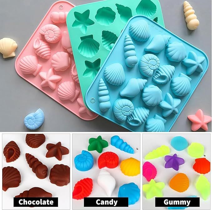 Three ocean-themed seashell silicone molds for chocolate, candy, and cake decorating, ideal for baking and DIY dessert projects.