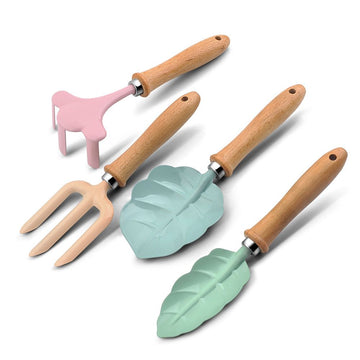 Baby and kids outdoor garden tools set with wooden handles, includes shovel and rake, perfect for sandbox, lawn, and beach play.