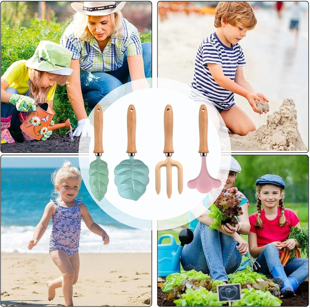 Baby and kids garden tools set with wooden handles, includes a shovel and rake, perfect for outdoor sand and yard play.