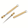 Golden stainless steel 2-piece portable reusable toothpick set with key chain, ideal for outdoor camping and dental cleaning.