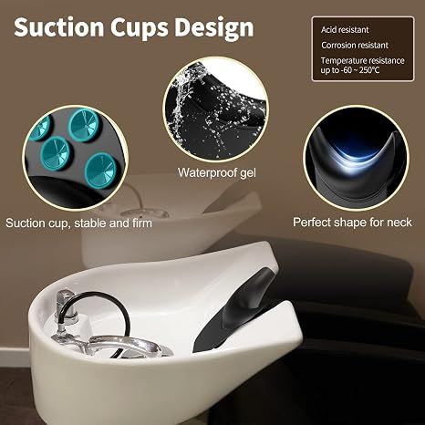 Silicone shampoo bowl neck rest with suction cups, non-slip hair washing sink support for salon or home use, designed for comfort.