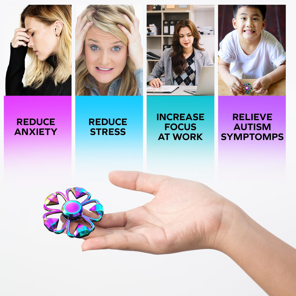 Rainbow anti-anxiety hand toy from Everything Baby, colorful pretend play toy for kids and adults to relieve boredom and anxiety.