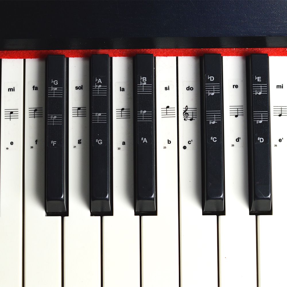 Set of six piano key stickers from Everything Baby, colorful labels for piano keyboards and musical toy decoration.