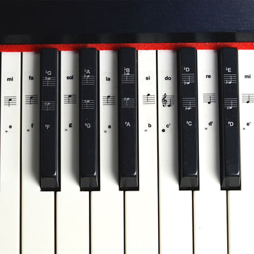 Set of six piano key stickers from Everything Baby, colorful labels for piano keyboards and musical toy decoration.