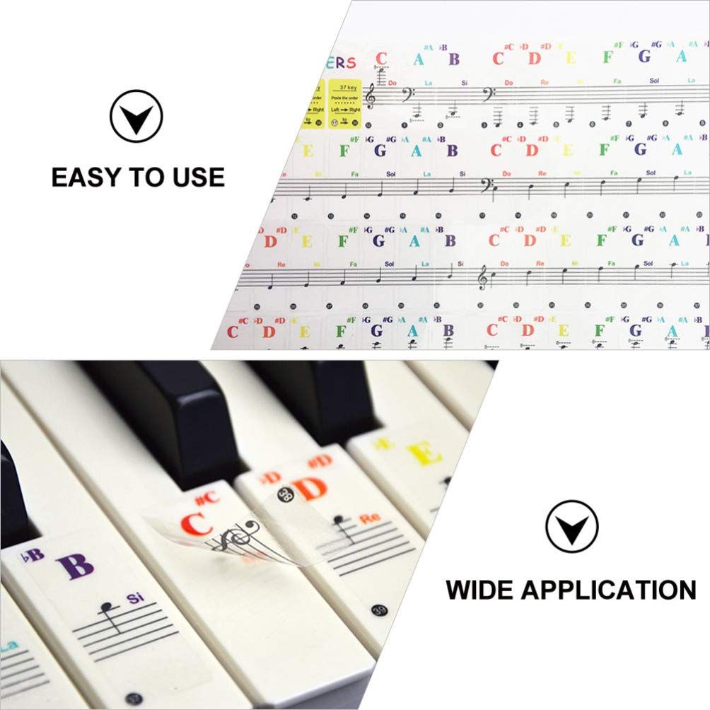 Six piano key sticker set with colorful music note labels for baby and kids' piano keyboards, suitable for musical toys.