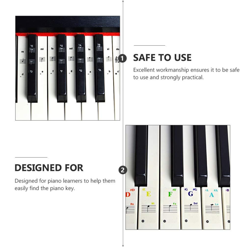 Six piano key sticker set with musical note labels for kids' piano, easy-to-apply stickers for keyboard and piano teaching.