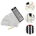 Set of six piano key stickers with music note labels for piano keyboards, ideal for kids' musical toys and educational piano accessories.