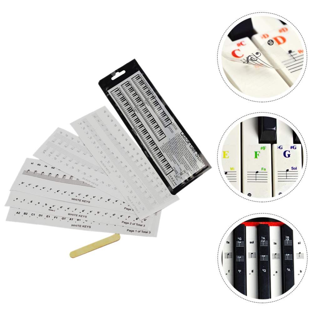 Set of six piano key stickers with music note labels for piano keyboards, ideal for kids' musical toys and educational piano accessories.