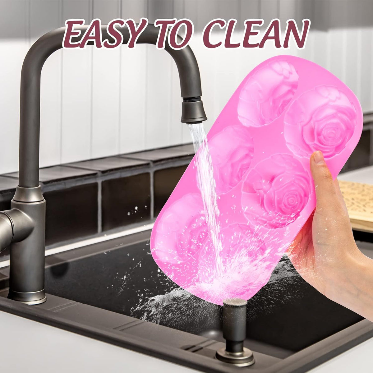 Set of three silicone flower-shaped molds for candy, chocolate, jelly, and ice cubes featuring jumbo rose designs, non-stick for easy use.