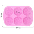 Six-cavity silicone flower-shaped mold set for candy, chocolate, jelly, and ice cubes, featuring jumbo rose designs for baking and pretend play.