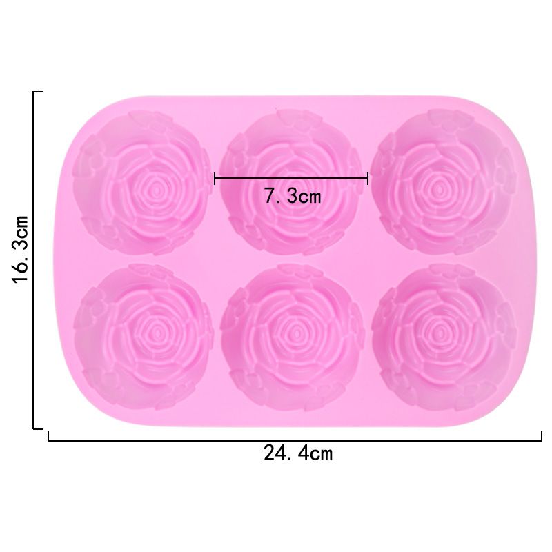 Six-cavity silicone flower-shaped mold set for candy, chocolate, jelly, and ice cubes, featuring jumbo rose designs for baking and pretend play.