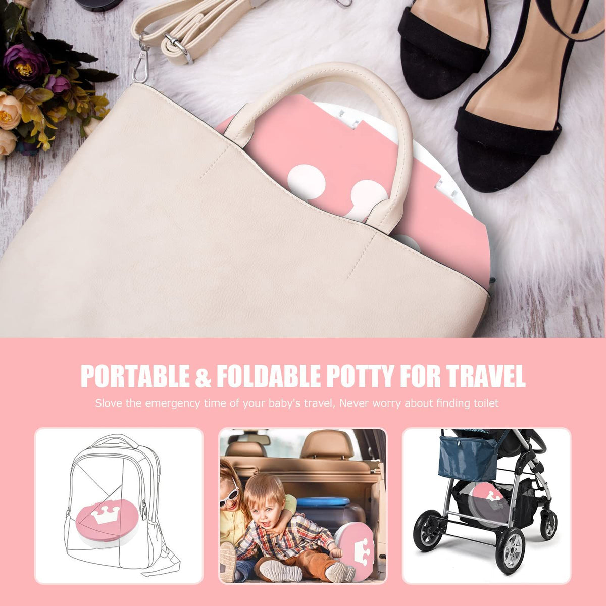Foldable toddler travel potty seat by Everything Baby, portable and easy to use for toilet training on the go for kids boys and girls.