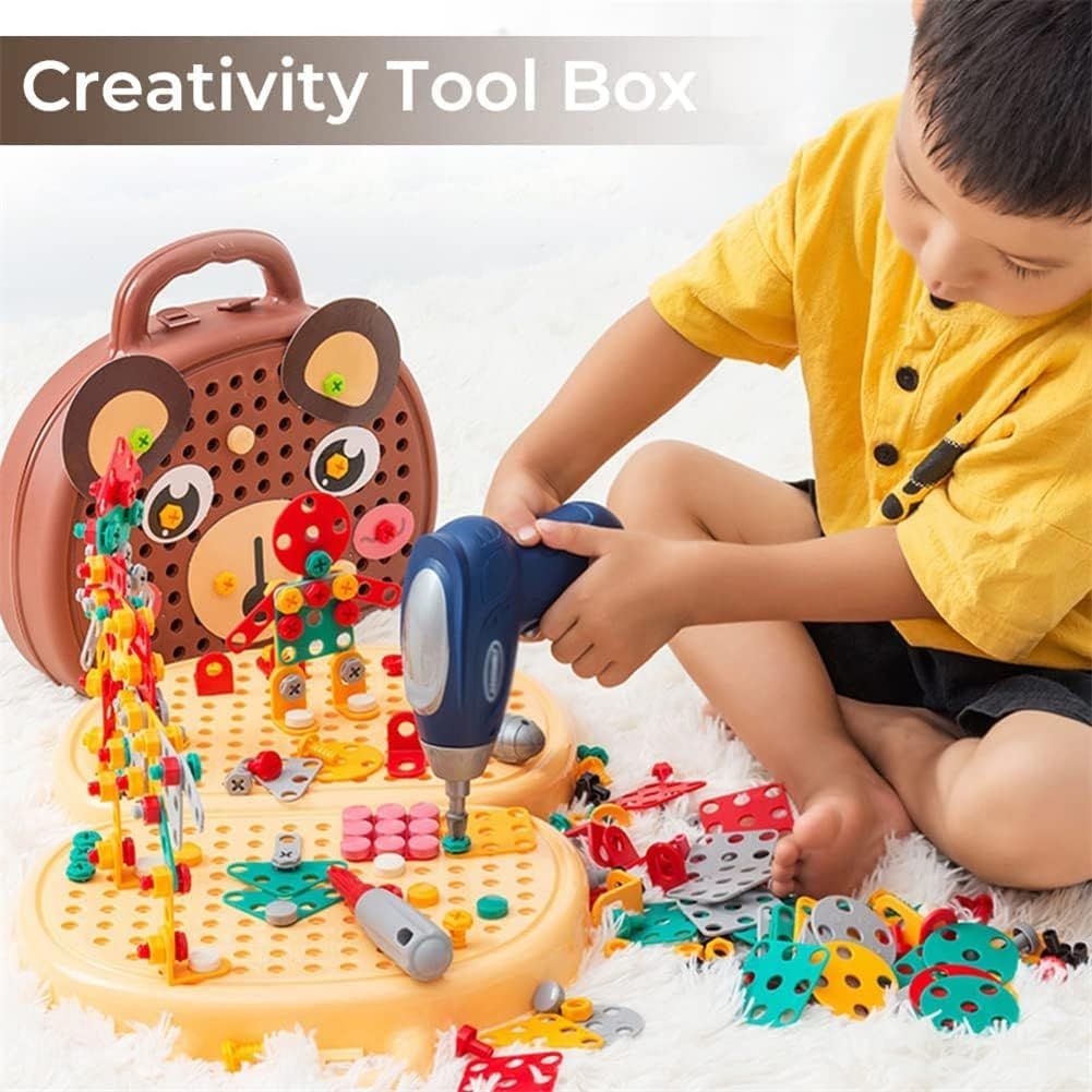 Creative Tool Box with electric drill and mosaic toy for kids, 3D creativity kit for ages 3-12, pretend play toy for kids.