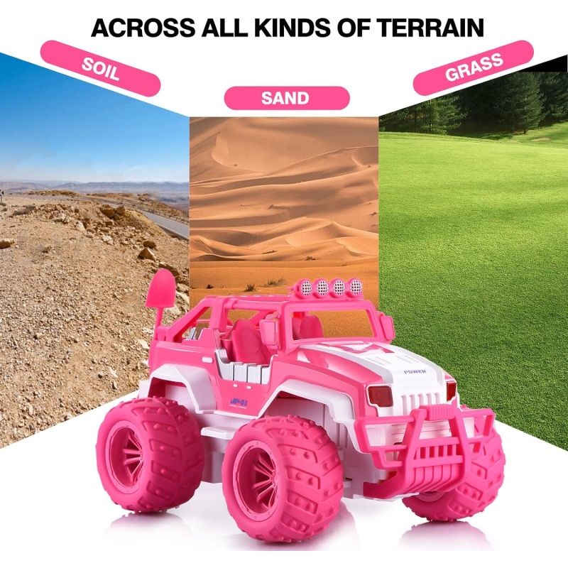 Pink 1:12 scale remote control monster truck for girls with rechargeable battery, featuring bright pink design and rugged tires.