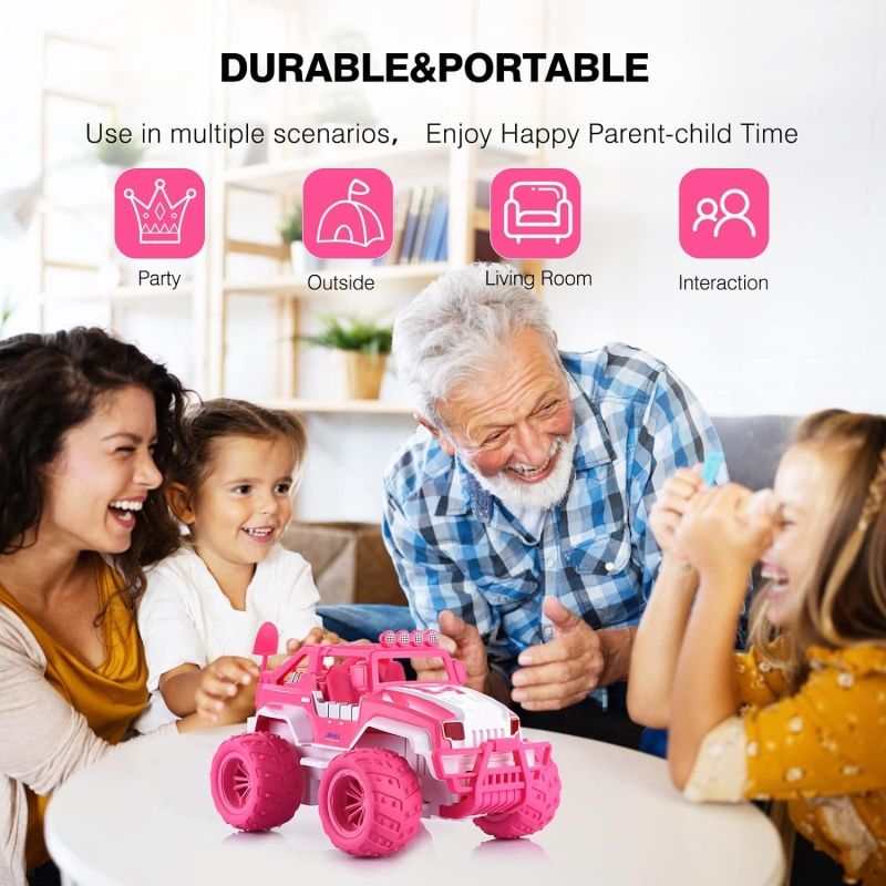 Pink 1:12 scale remote control monster truck for girls with rechargeable battery, suitable for kids, ride-on car toy.