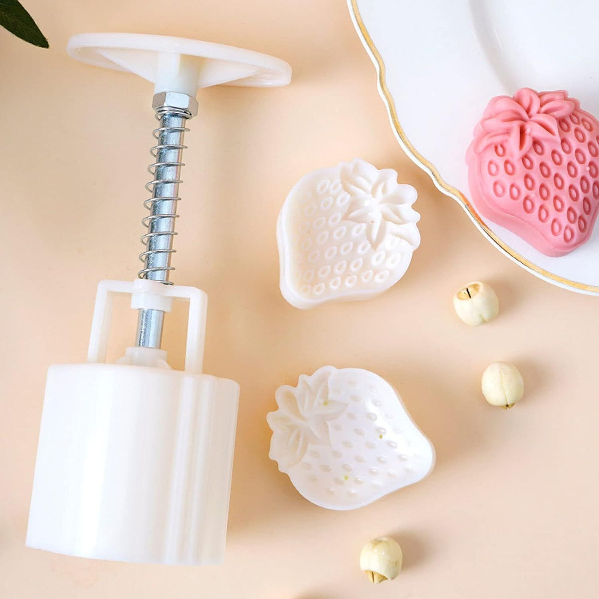 Plastic mooncake mold stamp for baking, featuring strawberry design, ideal for DIY mooncakes and festive Mid-Autumn celebration.