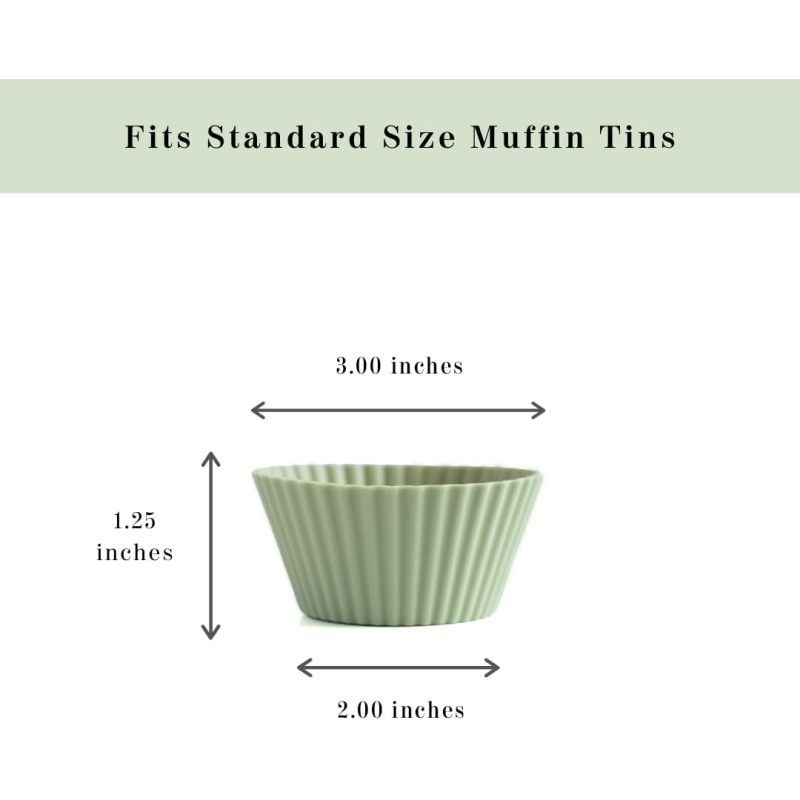 Set of 24 reusable silicone baking cups in white, blue, and green, ideal for cupcakes and baking, BPA-free and flexible.
