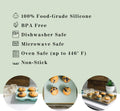 Set of 24 reusable silicone baking cups in white, blue, and green for cupcakes, BPA-free, ideal for baking and kid-friendly.