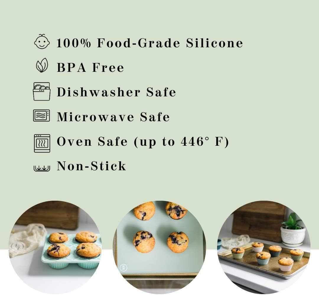 Set of 24 reusable silicone baking cups in white, blue, and green for cupcakes, BPA-free, ideal for baking and kid-friendly.