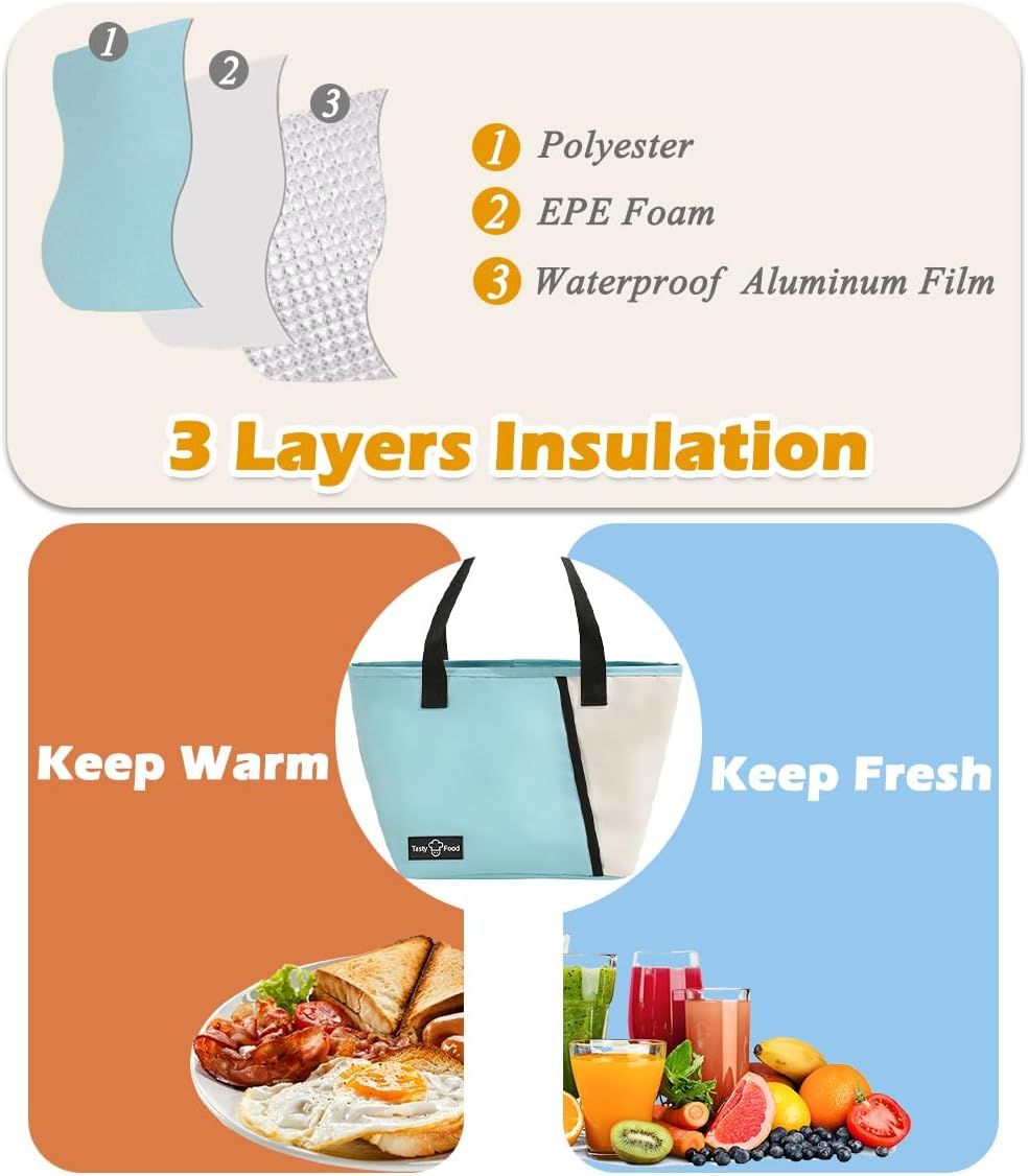 Light blue reusable lunch tote for women and men, large capacity leakproof lunch box with front pocket, by Everything Baby